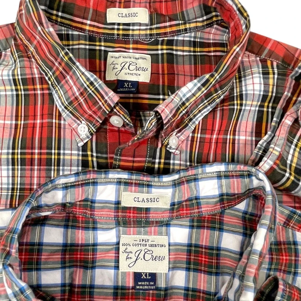 2pk J. Crew XL Red White Plaid Button Down Shirt Classic Fit‎ Preppy Heritage